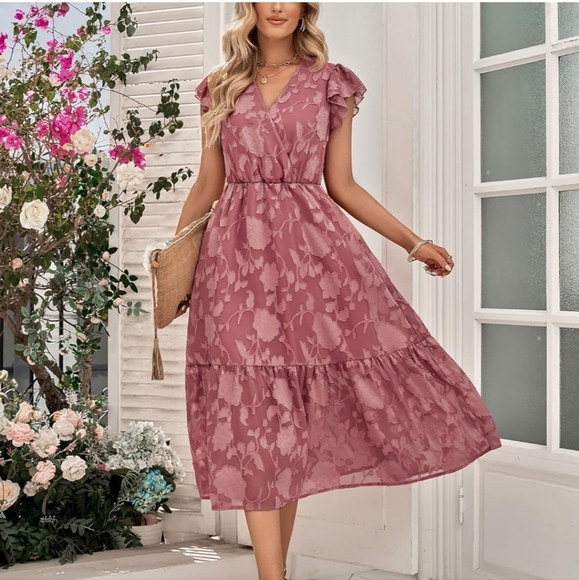 Beige Floral Midi Dress - Picture 8 of 15